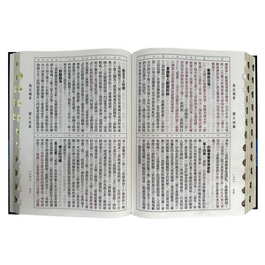 幾何藍大字精裝索引9系列和合本聖經內頁攤開展示,呈現大字紅字版面與側邊拇指索引設計