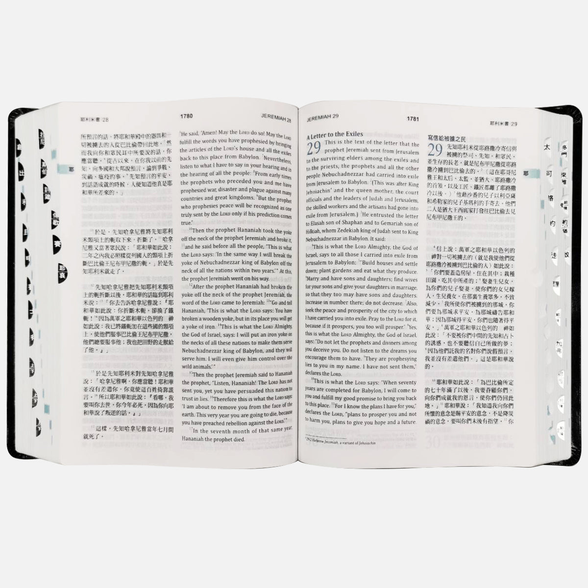 白色皮面索引 7系列中英聖經 NIV/和合本內頁展示,呈現耶利米書中英文對照排版與側邊書卷索引