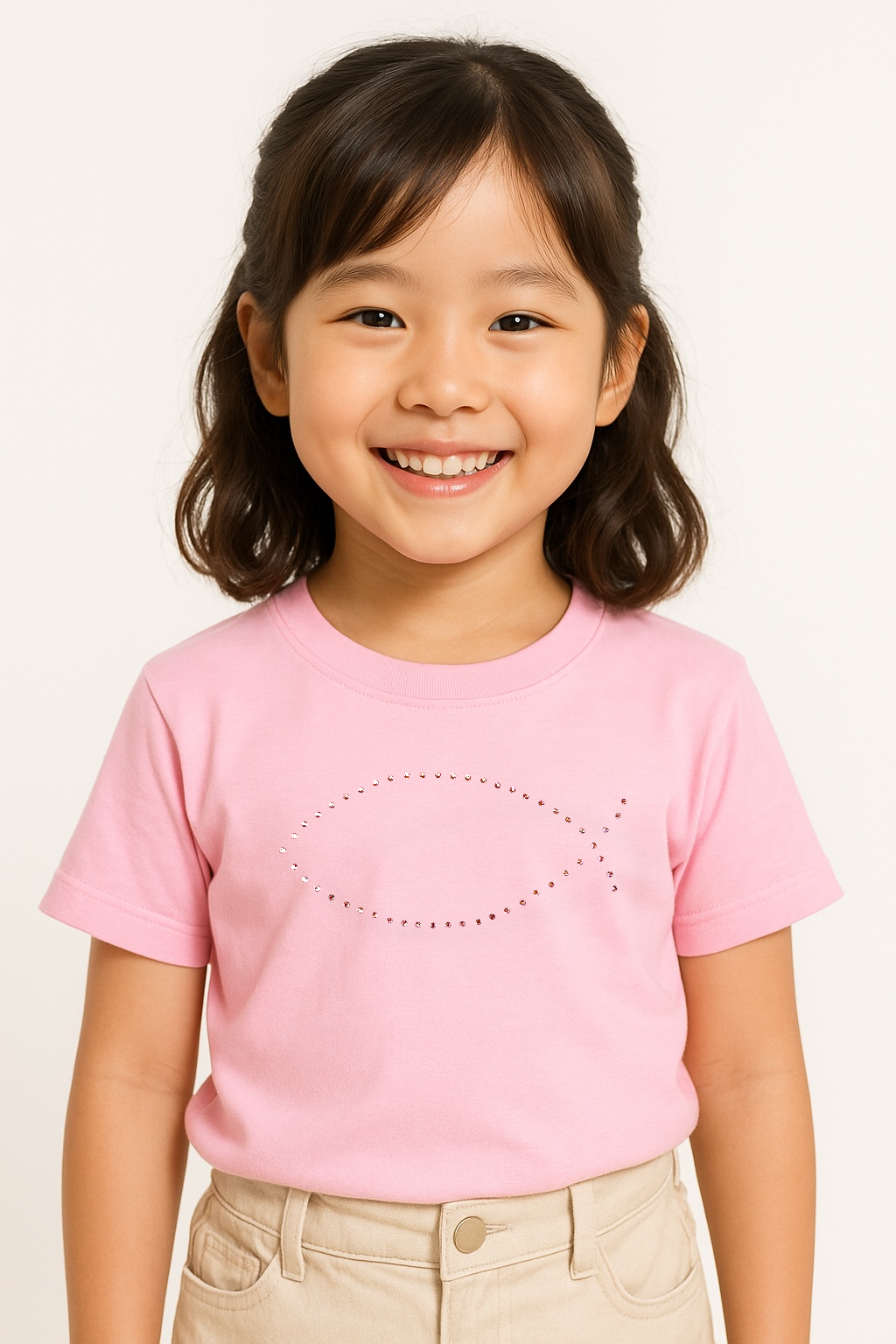 MU KID 聖經二魚施華洛世奇水鑽 T恤 粉色女童模特兒穿搭首圖