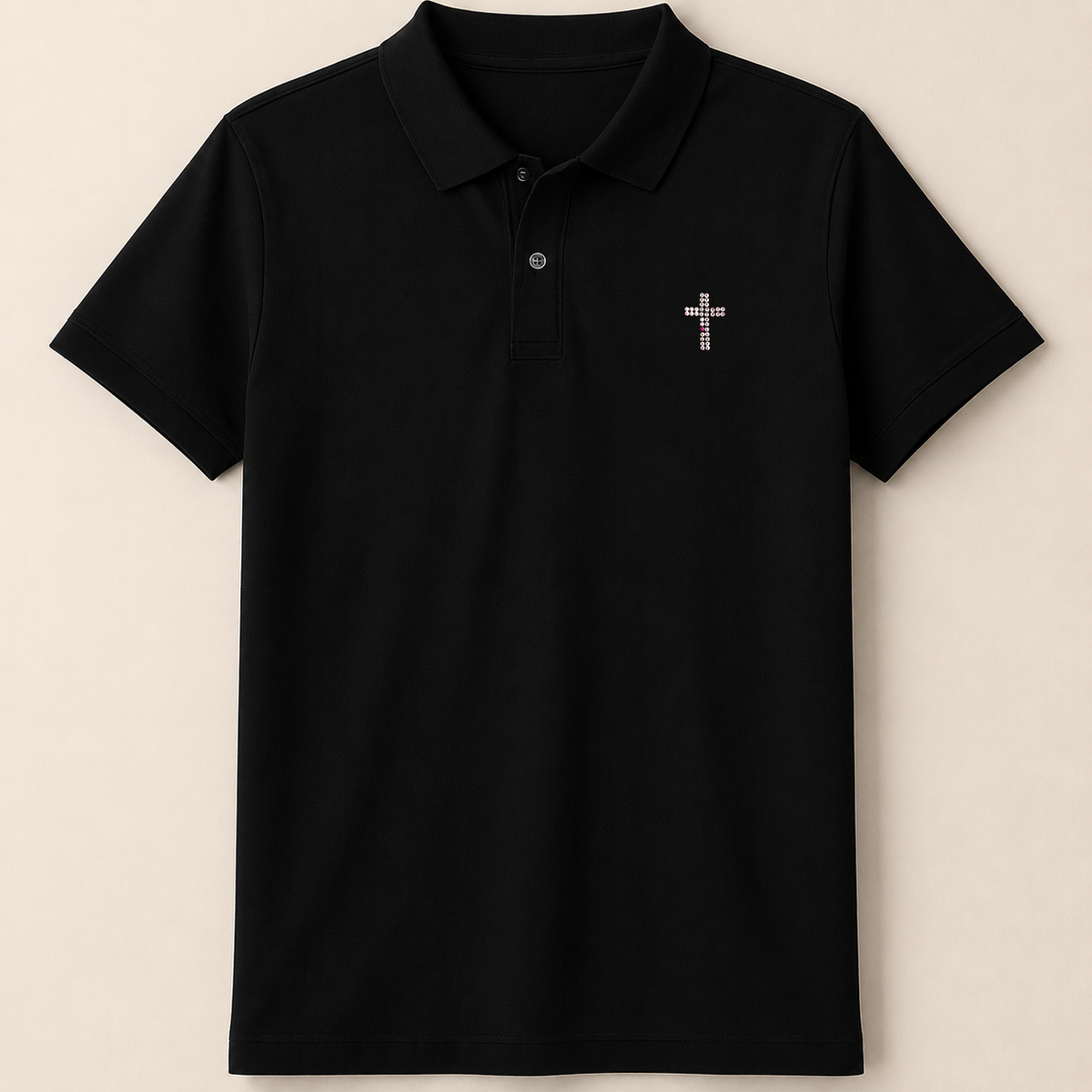 MU 耶穌的肋旁施華洛世奇水鑽小十字架 Polo衫 黑色單品平拍正面展示