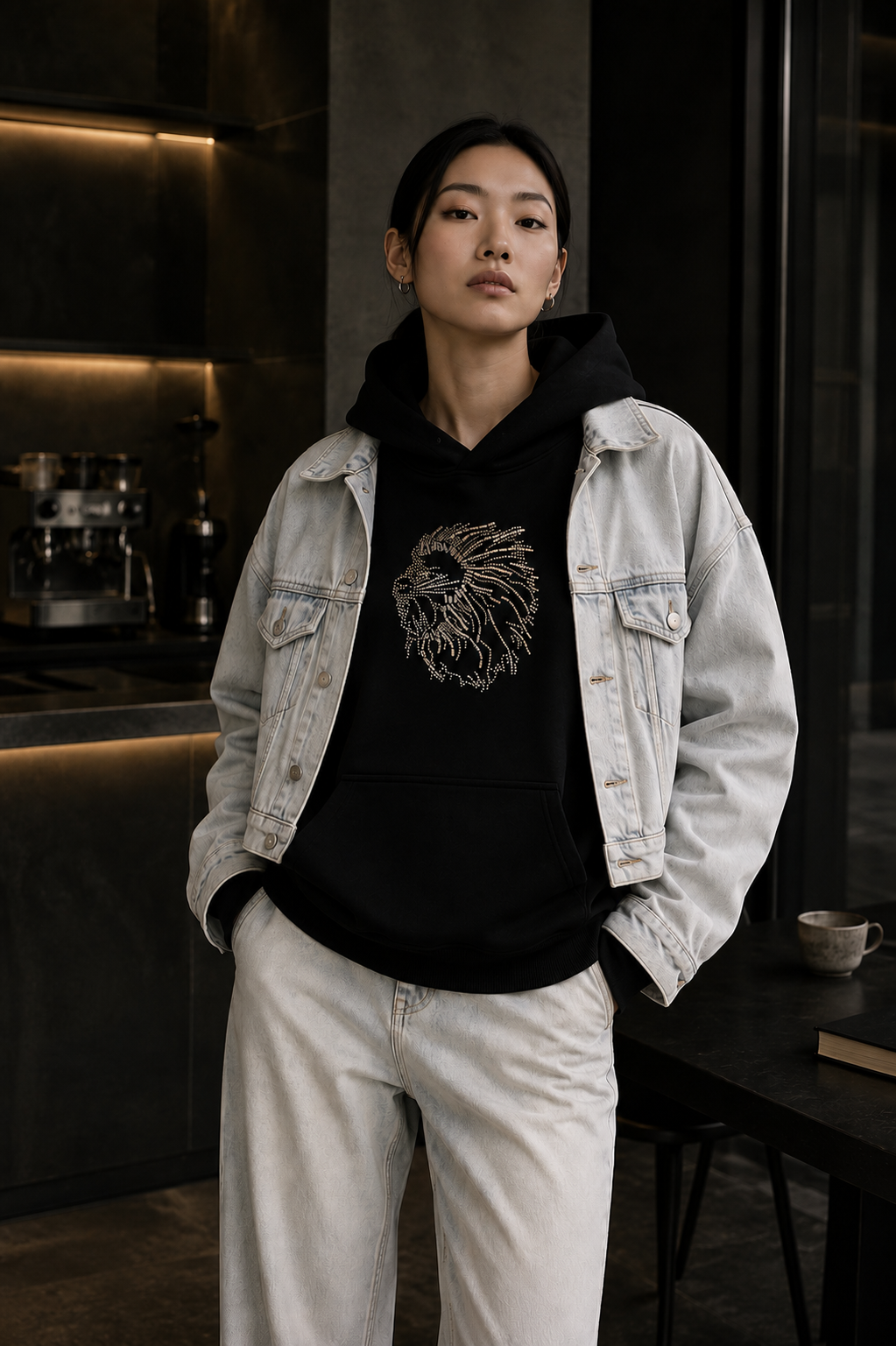 MU 猶大的獅子雙色金屬鋁片 男女同款帽T 都市黑 女性模特兒搭配牛仔外套穿搭