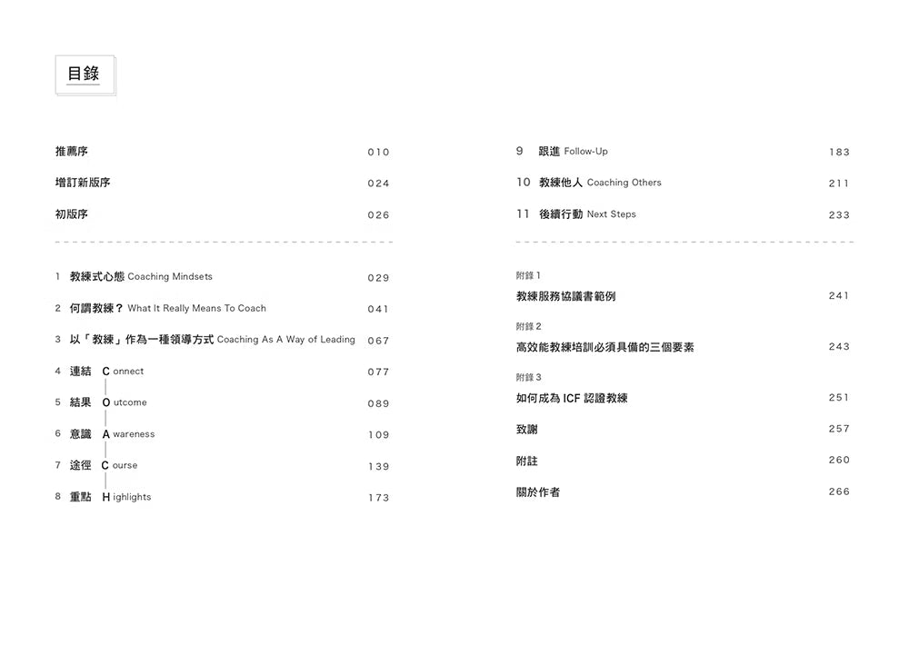 《COACH教練式領導》書籍目錄,介紹教練式心態、何謂教練及COACH教練對談流程,包括連結、結果、意識、途徑、重點,另收錄跟進、教練他人與後續行動等章節。