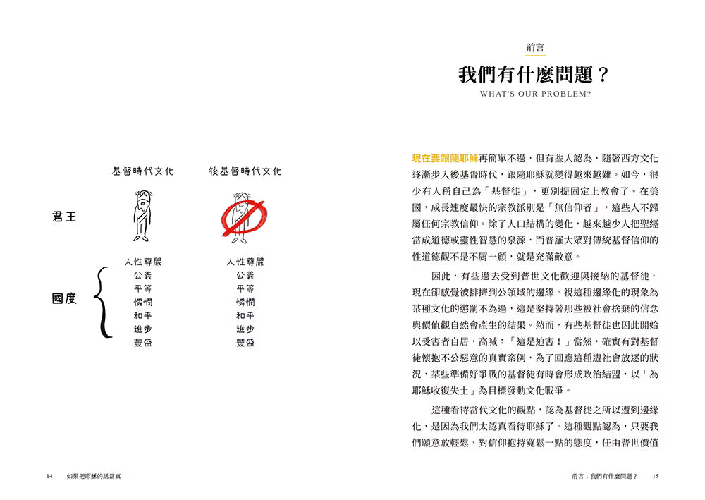 《如果把耶穌的話當真……》前言第14至15頁〈我們有什麼問題?〉,以基督徒文化對照插畫探討信仰與文化、耶穌教導及基督徒生活。