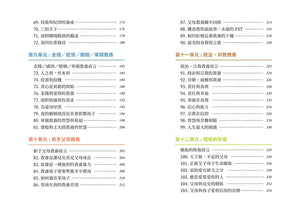 《台灣鷹爸 快樂教養的108堂課》目錄第三頁,列出金錢、感情、婚姻、親職教養、新手父母教養、政治宗教教養及關係修復等篇章。