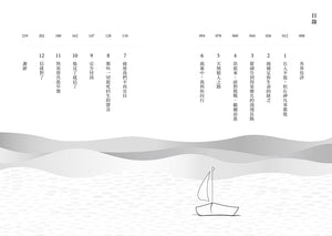 《你不孤單,祂都在》書籍目錄,展示十二章章節名稱與頁碼,搭配海浪及小帆船插畫