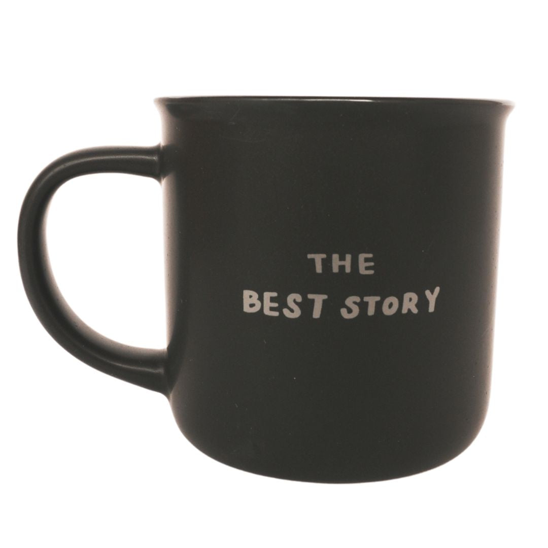 生命方向陶瓷杯背面圖，黑色杯身印有「THE BEST STORY」字樣
