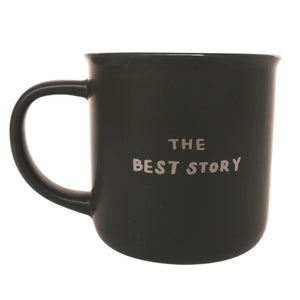 生命方向陶瓷杯背面圖，黑色杯身印有「THE BEST STORY」字樣