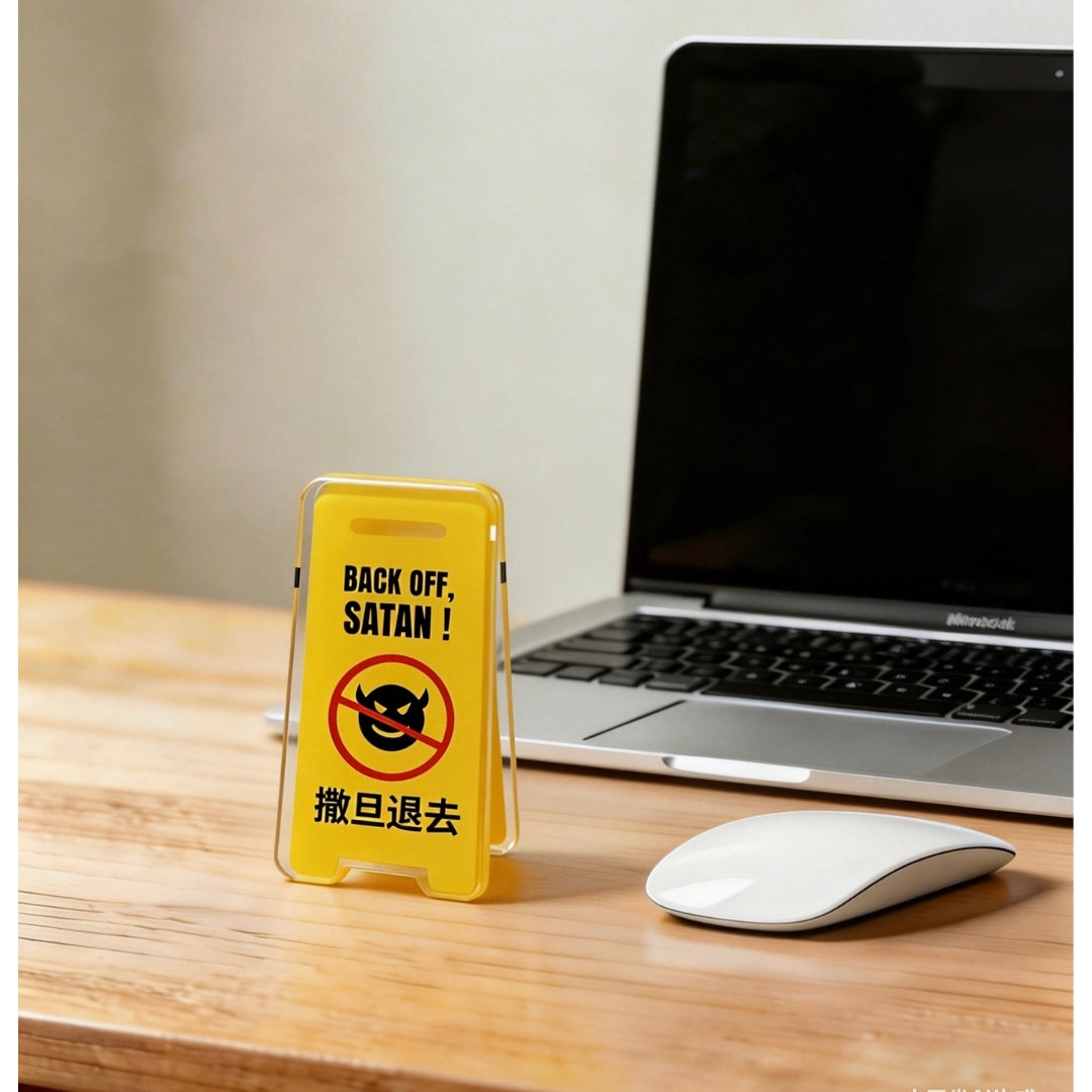 HOPE RUN 屬靈立牌夾撒旦退去款，黃色壓克力警示牌造型，印有 BACK OFF, SATAN! 與撒旦退去文字。