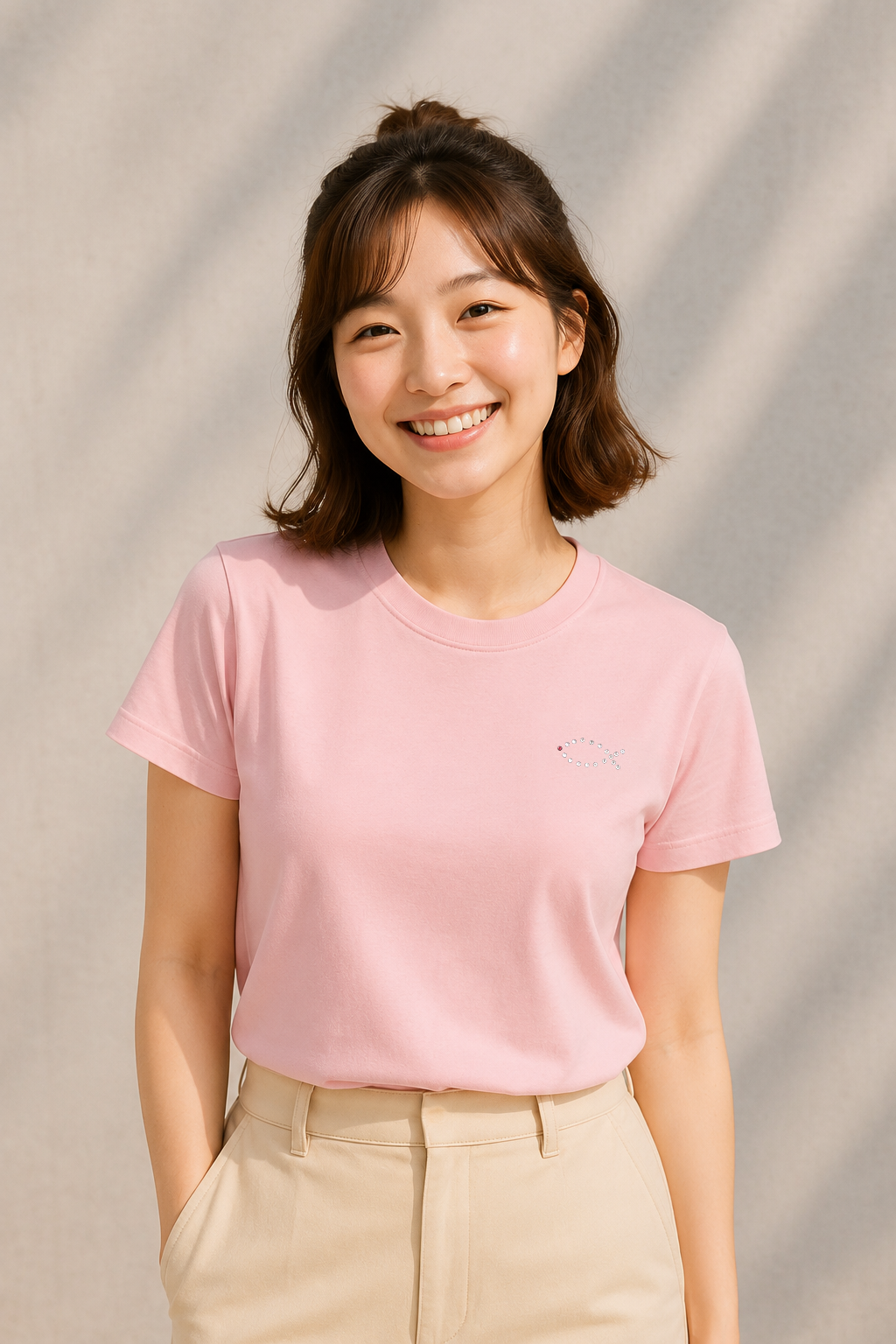 MU 二魚胸口小圖騰施華洛世奇水鑽男女同款T恤粉色女性模特兒正面穿搭首圖