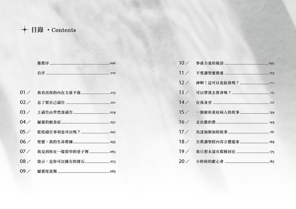 《我看出你的內在力量不強》書籍目錄，展示二十篇屬靈筆記的章節名稱與頁碼
