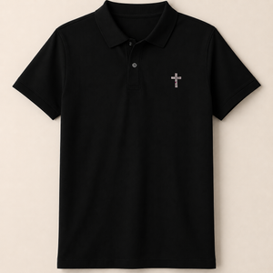 MU 耶穌的肋旁施華洛世奇水鑽小十字架 Polo衫 黑色單品平拍正面展示