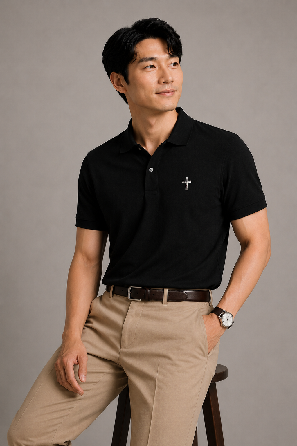 MU 耶穌的肋旁施華洛世奇水鑽小十字架 Polo衫 黑色男模特兒正面穿搭首圖