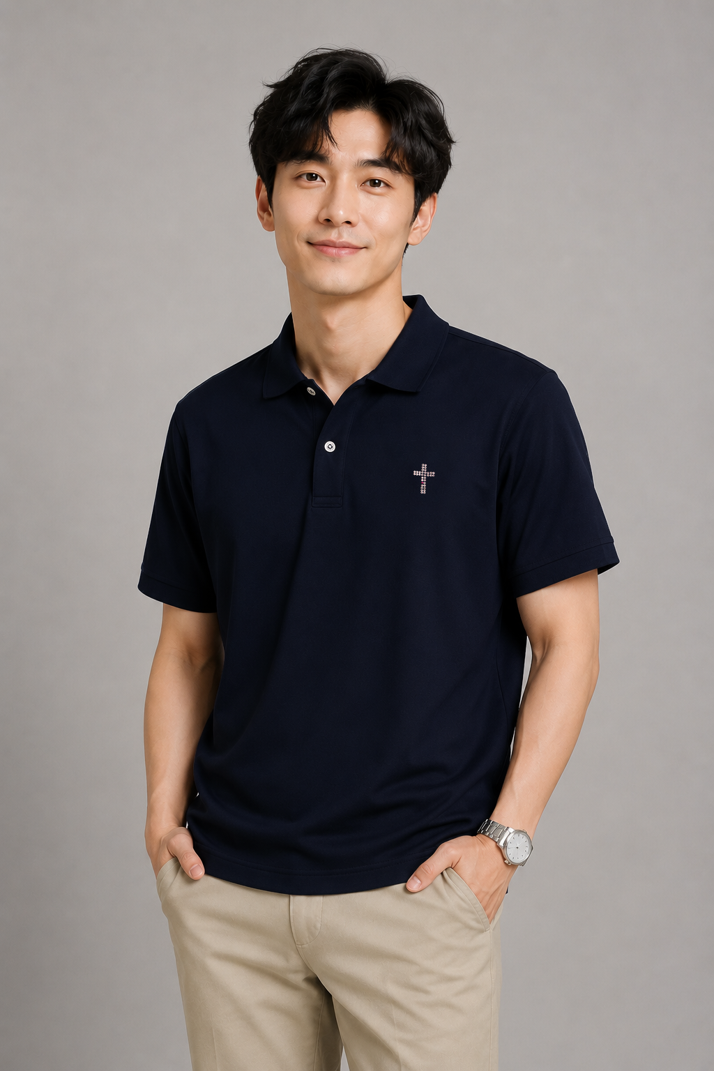 MU 耶穌的肋旁施華洛世奇水鑽小十字架 Polo衫 丈青色男模特兒休閒穿搭展示