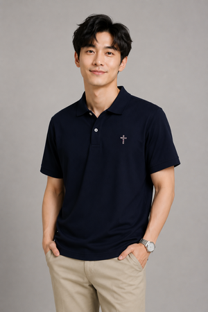 MU 耶穌的肋旁施華洛世奇水鑽小十字架 Polo衫 丈青色男模特兒休閒穿搭展示