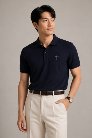 MU 耶穌的肋旁施華洛世奇水鑽小十字架 Polo衫 丈青色男模特兒紮衣服穿搭首圖