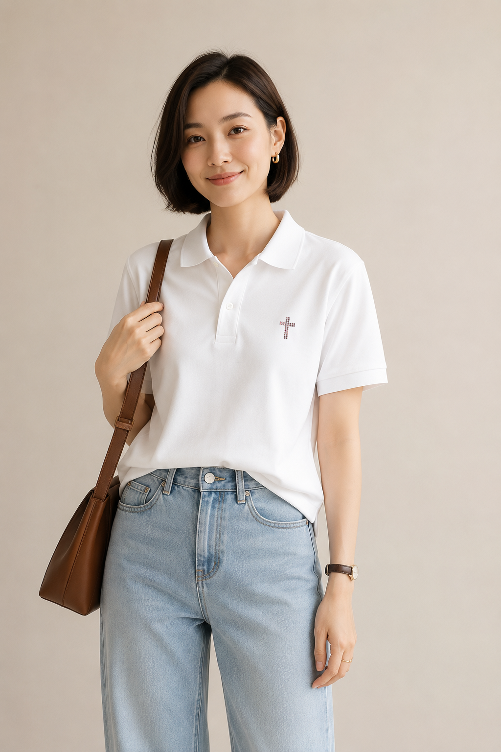 MU 耶穌的肋旁蜜桃色施華洛世奇水鑽小十字架 Polo衫 白色女模特兒牛仔褲穿搭首圖