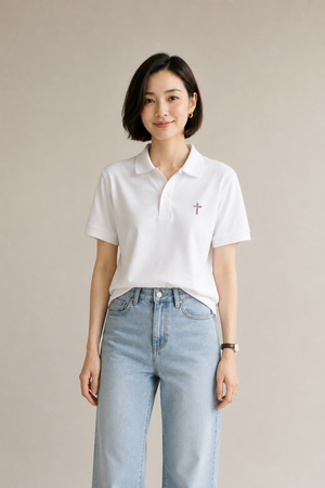 MU 耶穌的肋旁蜜桃色施華洛世奇水鑽小十字架 Polo衫 白色女模特兒正面穿搭展示