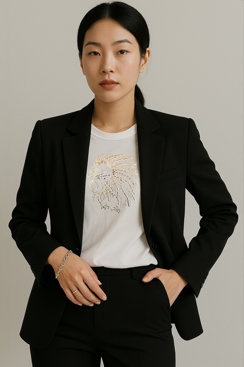 MU 猶大的獅子 雙色金屬鋁片短袖 T恤 白色 女模特兒西裝外套穿搭展示