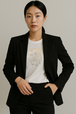 MU 猶大的獅子 雙色金屬鋁片短袖 T恤 白色 女模特兒西裝外套穿搭展示