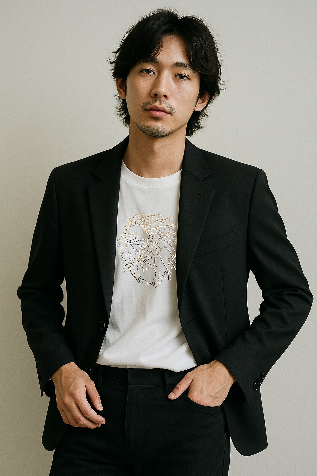 MU 猶大的獅子 雙色金屬鋁片短袖 T恤 白色 男模特兒西裝外套穿搭展示