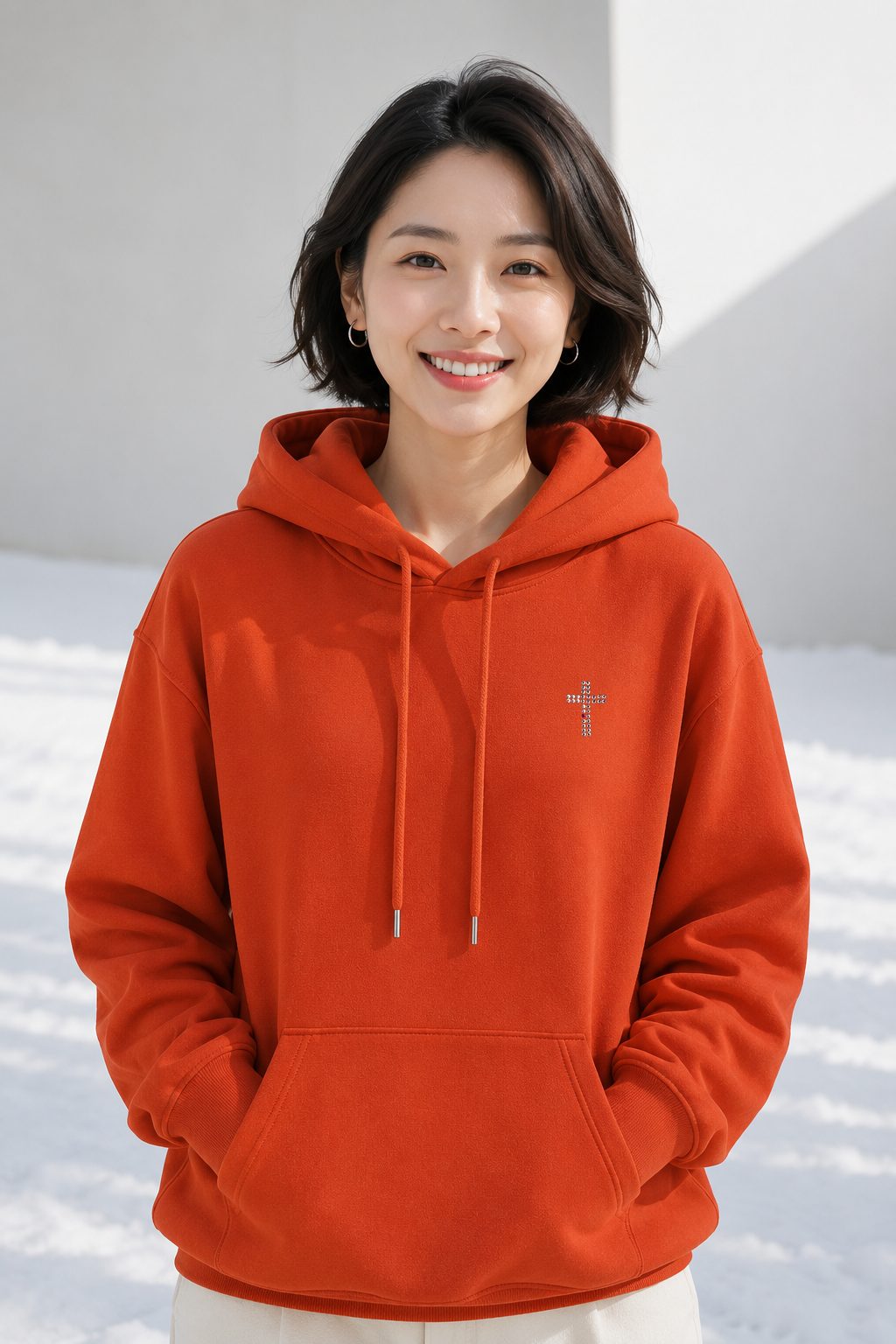 MU 耶穌的肋旁施華洛世奇水鑽小十字架連帽T恤 珊瑚紅女模特兒穿搭首圖